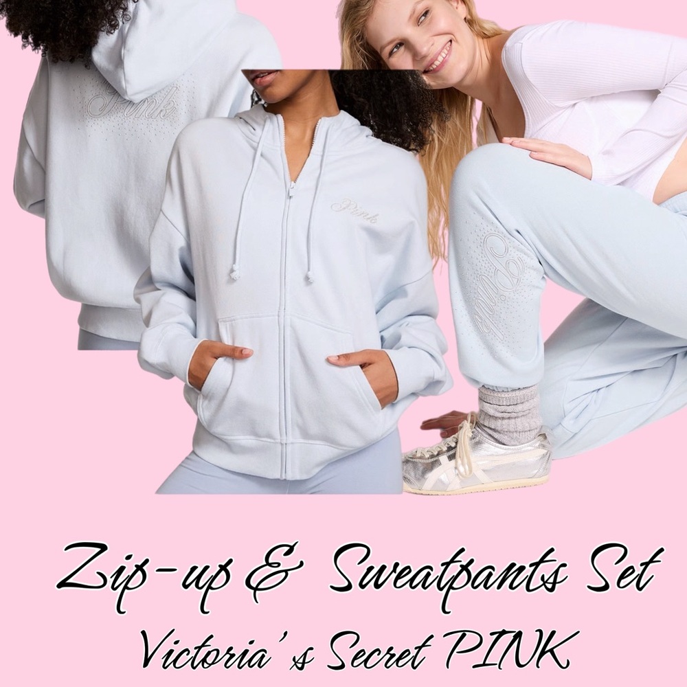 PINK Victoria's Secret Light Blue Zip-Up Hoodie and Sweatpants Set Size Small